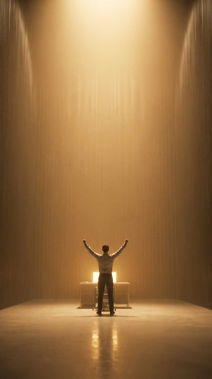 A man standing with arms raised in triumph as warm golden light floods the room