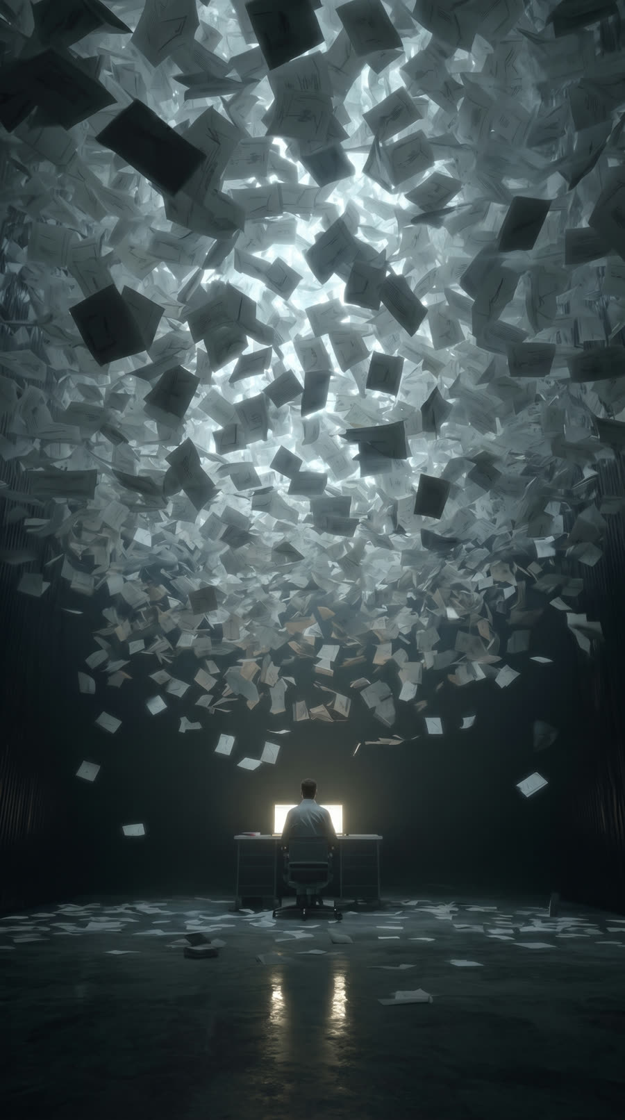 A man at a glowing desk beneath a vast storm of falling paperwork