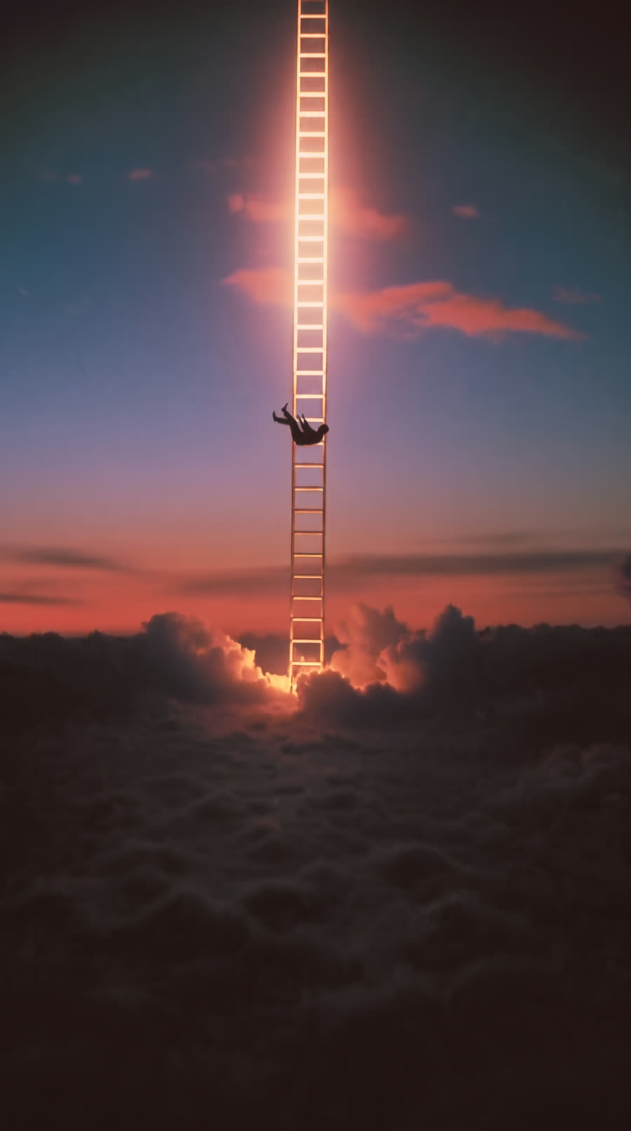 A man drifting gently down from a glowing ladder in a sunset sky above the clouds
