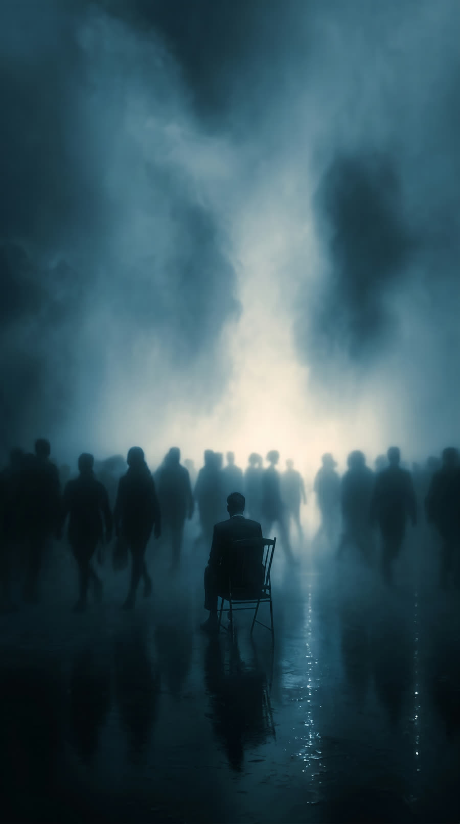 A man seated alone on a chair while a blurred crowd moves past him in cold fog