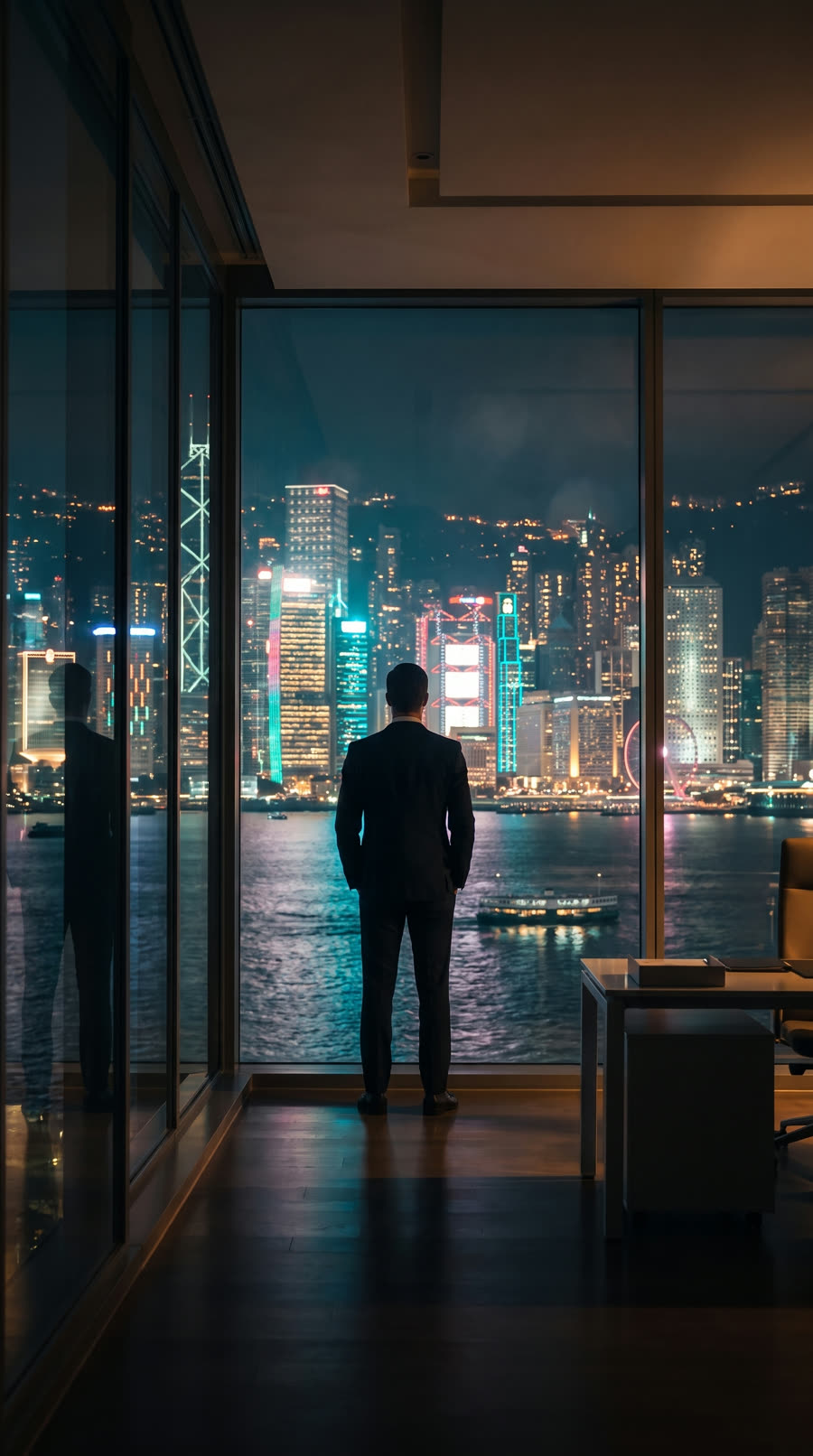 A man in a suit at his office window overlooking Victoria Harbour at night