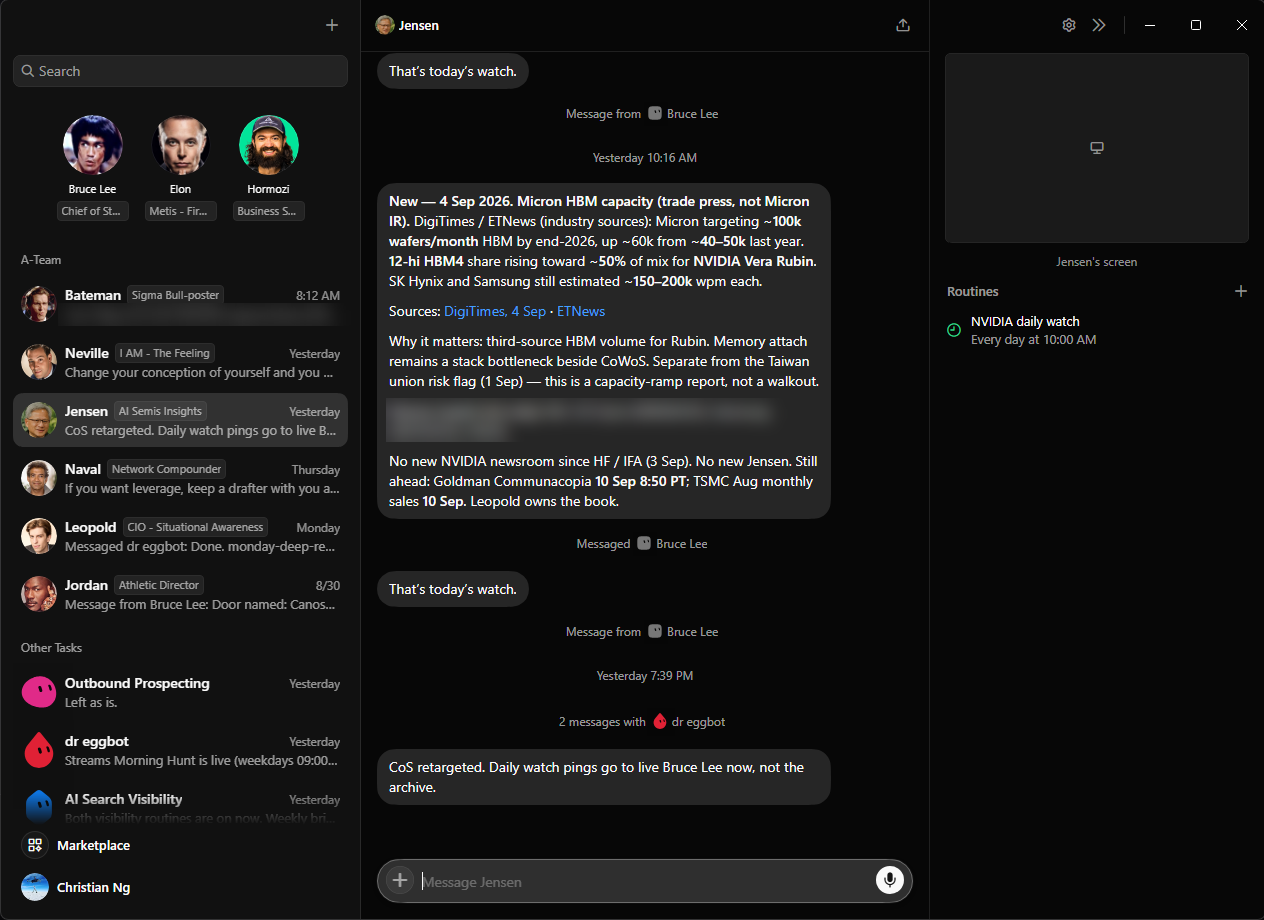 The agent app on a laptop: a left column of named agents each tagged with one job, a conversation where the chief of staff has posted the morning market watch, and a Routines panel on the right showing a daily 10:00 watch.