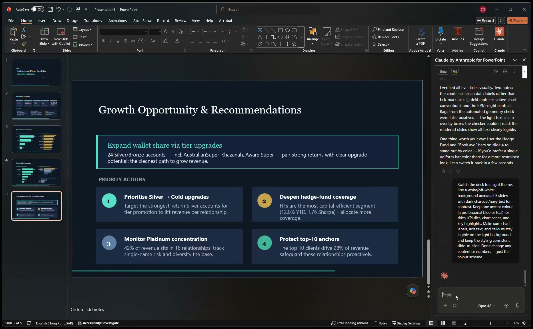 Slide from a client PowerPoint deck drafted and formatted by AI